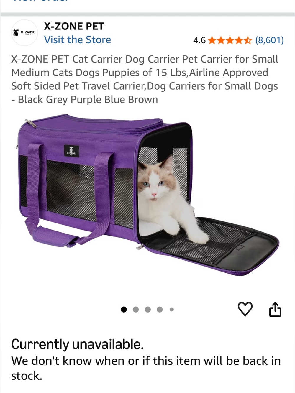 SEALED - Purple Medium Cat/Dog Carrier